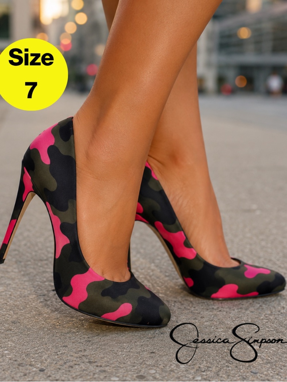 JESSICA SIMPSON 💓 Pink & Olive Camo Green Camo Stiletto Pumps (Women’s Size 7)
